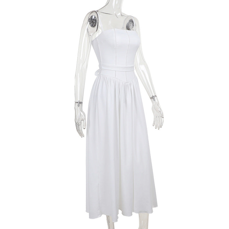 Square Neck Corset Basque Waist Pleated Midi Dress