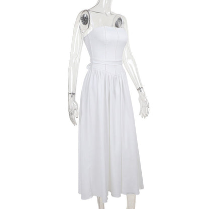 Square Neck Corset Basque Waist Pleated Midi Dress