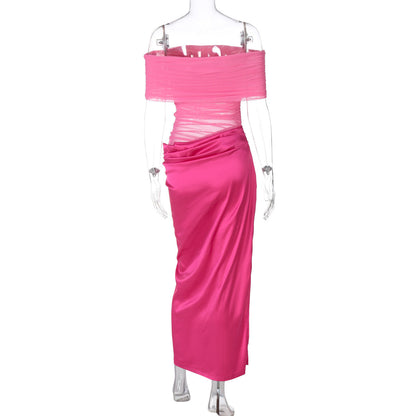 Off Shoulder Horizontal Ruched Mesh Waist Panel High Slit Satin Maxi Gown