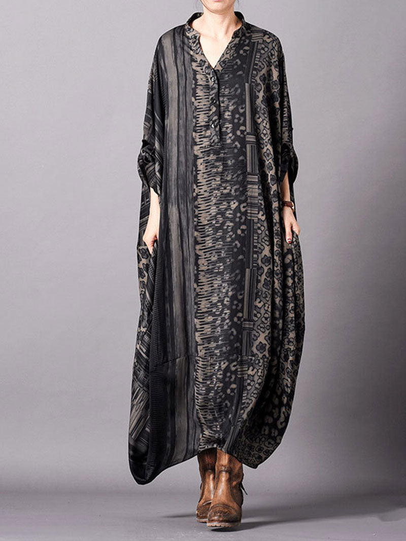 Mandarin Collar Button Front Mixed Print Patchwork Oversized Maxi Dress