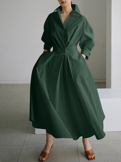 Collared Deep V-Neck Puff Sleeve Pleated A-Line Midi Shirt Dress