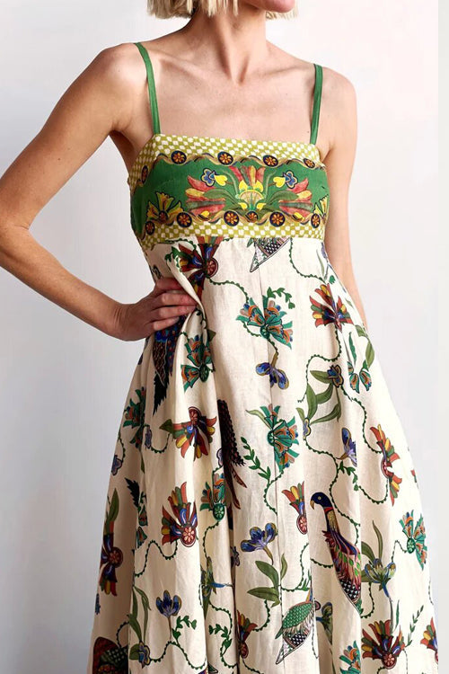 Spaghetti Strap Empire Waist Bird Botanical Border Print Pocket Maxi Dress