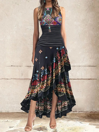 Round Neck Pleated Waist Geometric Print Tiered High Low Maxi Dress
