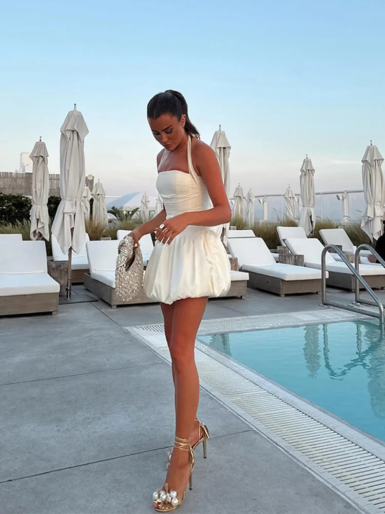 Halter Neck Bubble Hem Puff Skirt Satin Mini Dress
