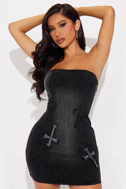 Strapless Denim Cross Appliqué Rhinestone Bodycon Mini Dress