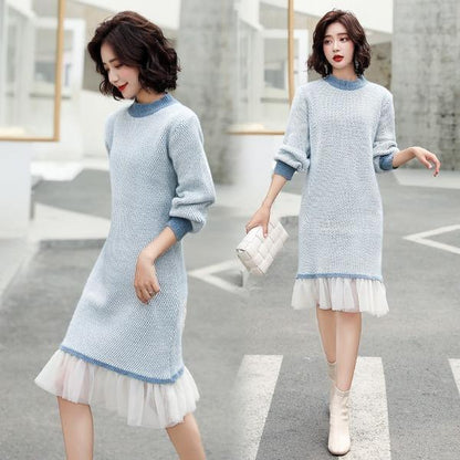 Mock Neck Honeycomb Knit Contrast Cuff Tiered Ruffle Hem Sweater Midi Dress