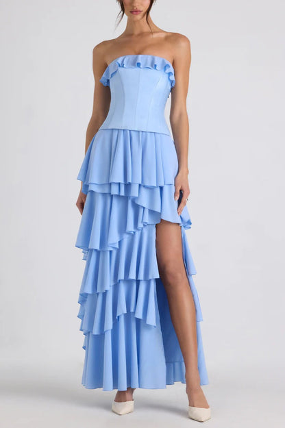 Spliced Ruffled Sling Split Slim Maxi Boho Dress