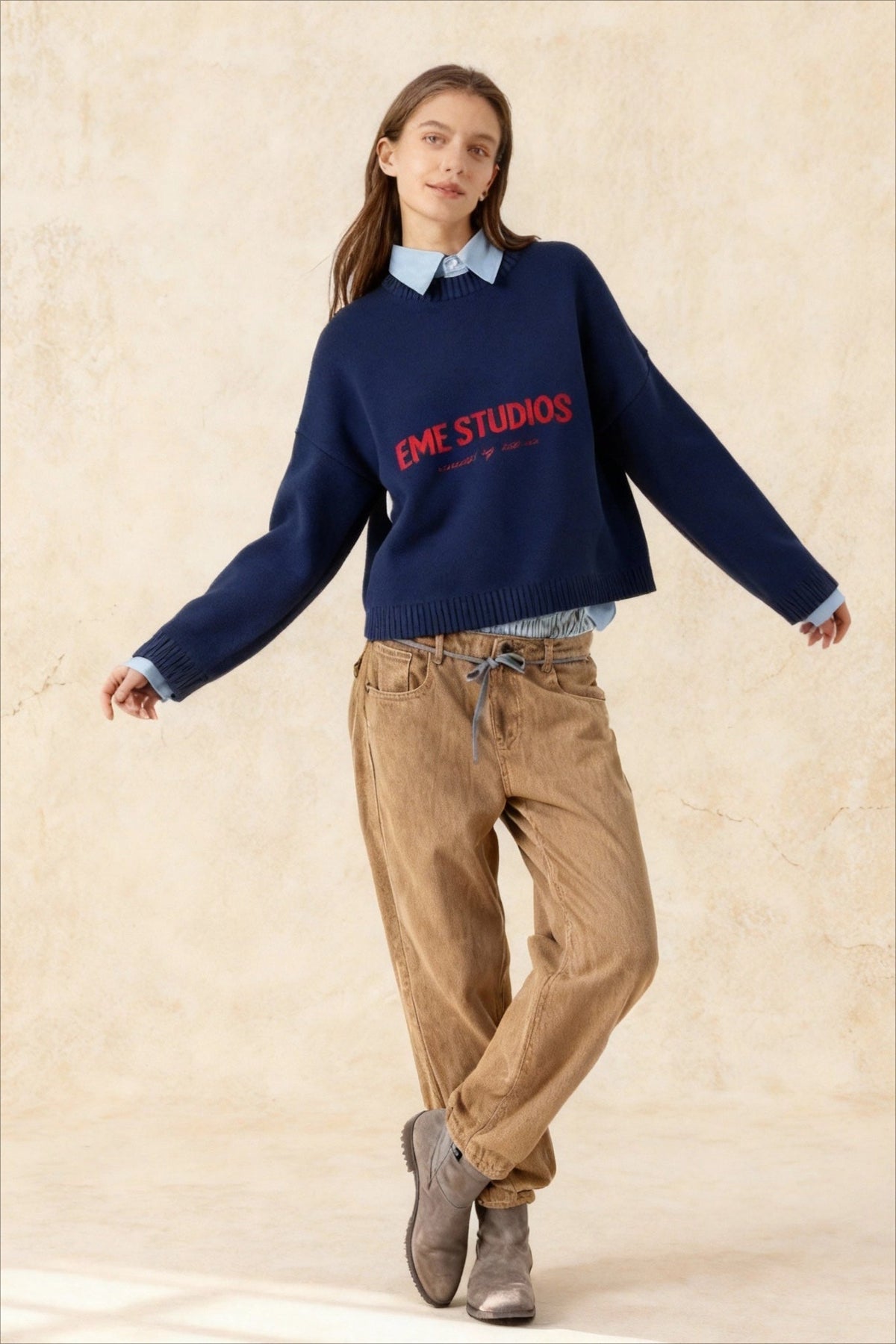 Embroidery Knit Slouchy Pullover Blouse