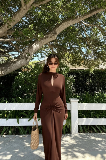 Elegant Fitted Simple Mock Neck Long Sleeve Party Dress