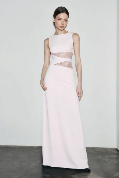 Boat Neck Criss Cross Lace Waist Cutout Column Maxi Gown