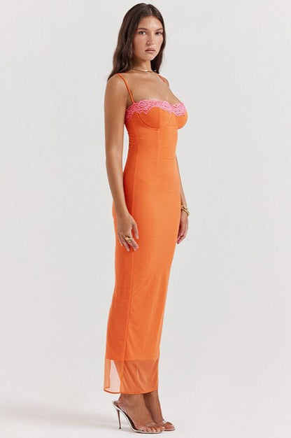 Ribbed Lace Trim Balconette Spaghetti Strap Bodycon Maxi Dress