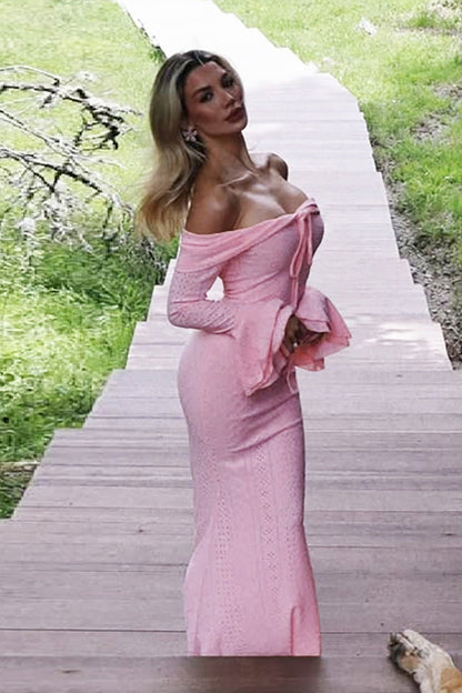 Off Shoulder Pointelle Knit Bell Sleeve Bodycon Maxi Dress