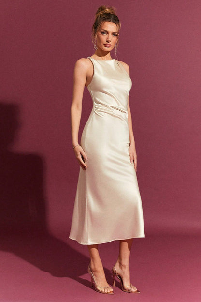 Satin High Neck Sleeveless Slip Midi Dress