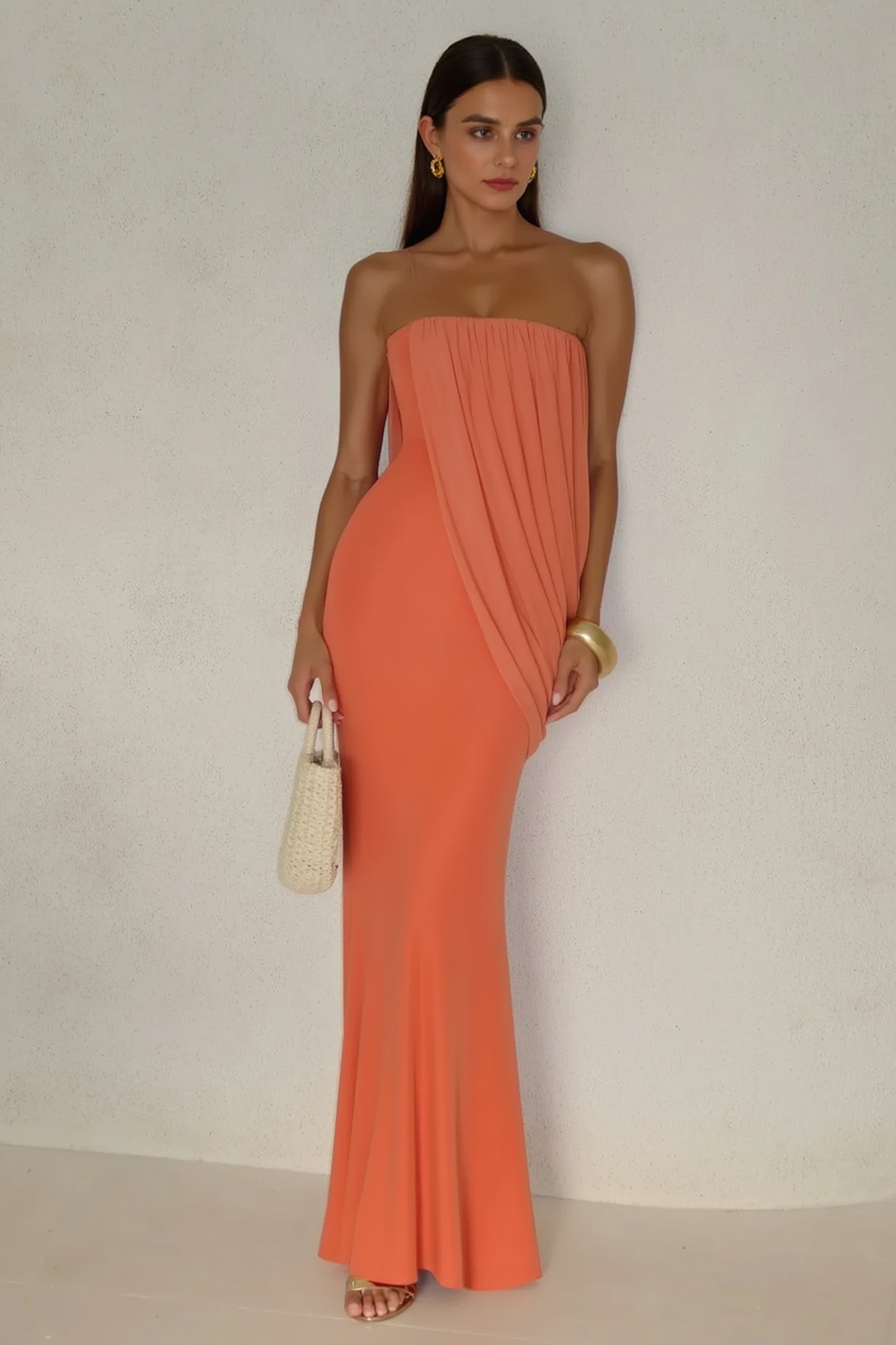 Strapless Diagonal Drape Panel Pleated Overlay Column Maxi Gown