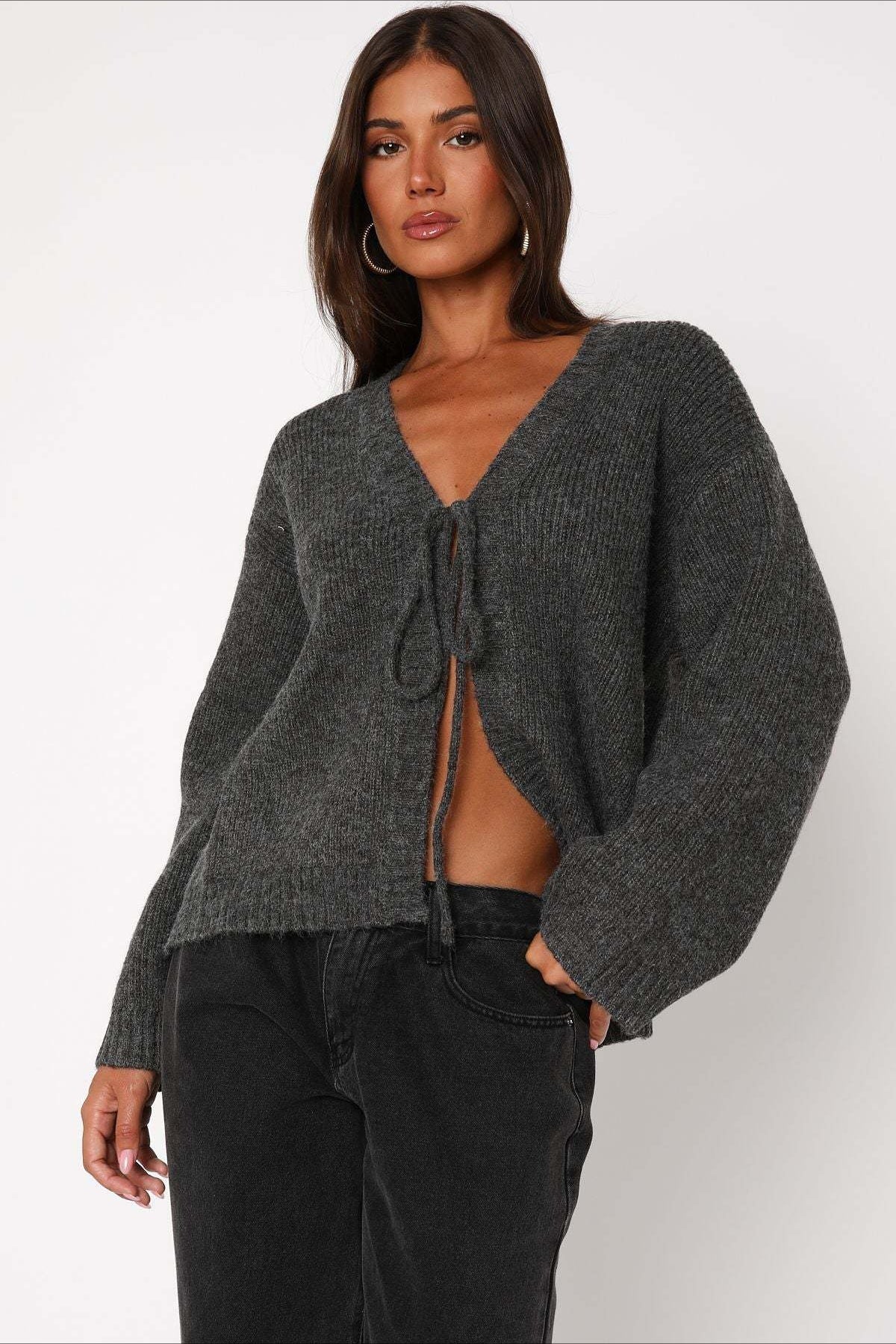 V-Neck Tie Front Knit Cardigan Sweater