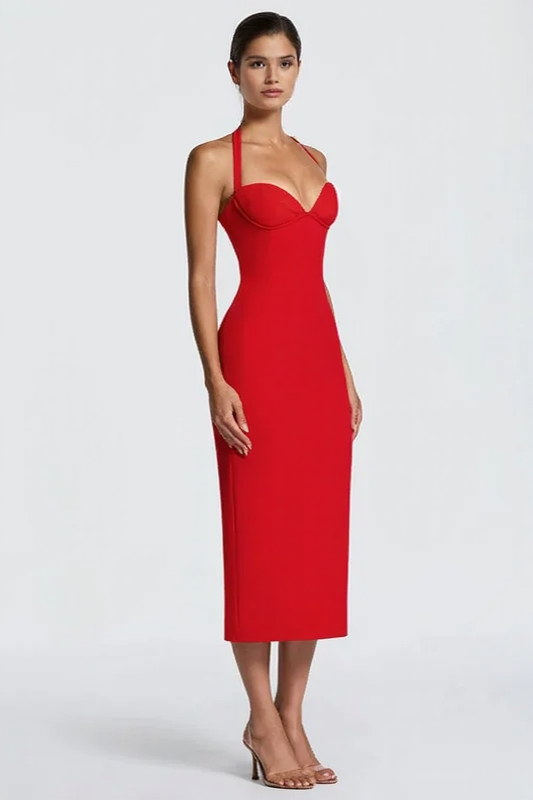 Halter Sweetheart Bustier Bodycon Midi Dress