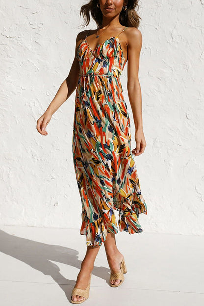 Abstract Print Spaghetti Strap V-Neck Drawstring Waist Tiered Ruffle Midi Dress