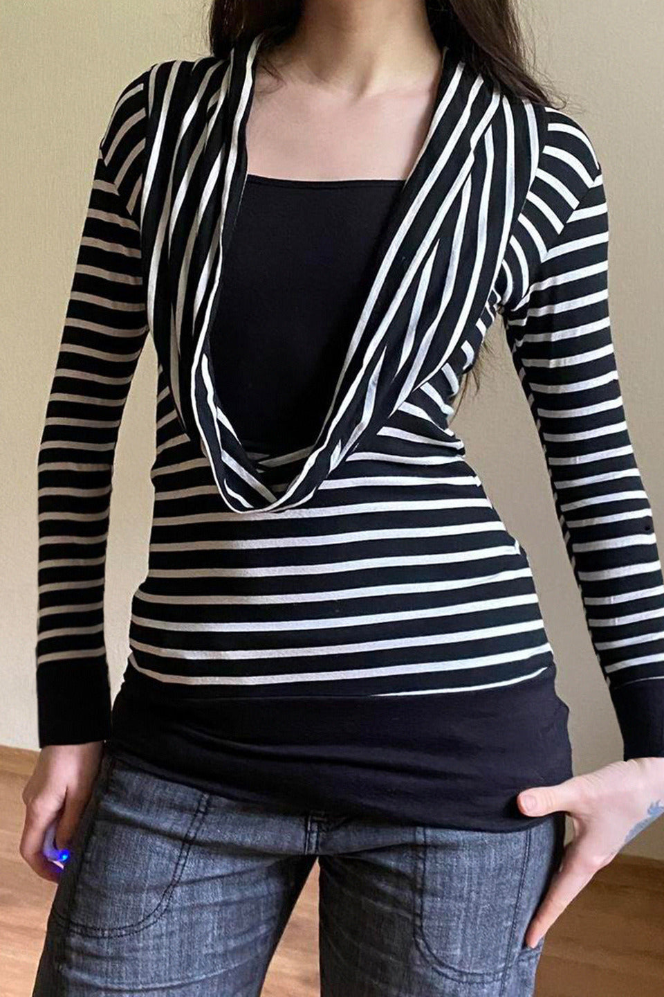 Fitted Striped Off Shoulder Long Sleeve Blouse