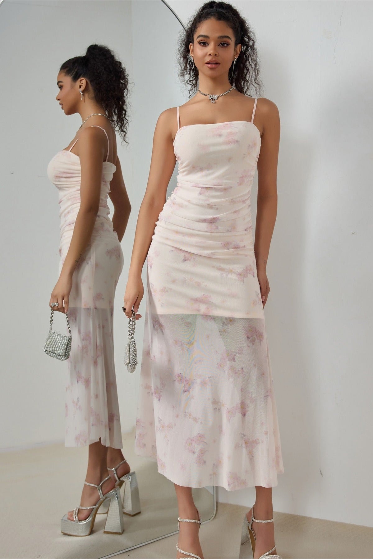 Spaghetti Strap Ruched Floral Print Mesh Overlay Bodycon Midi Dress
