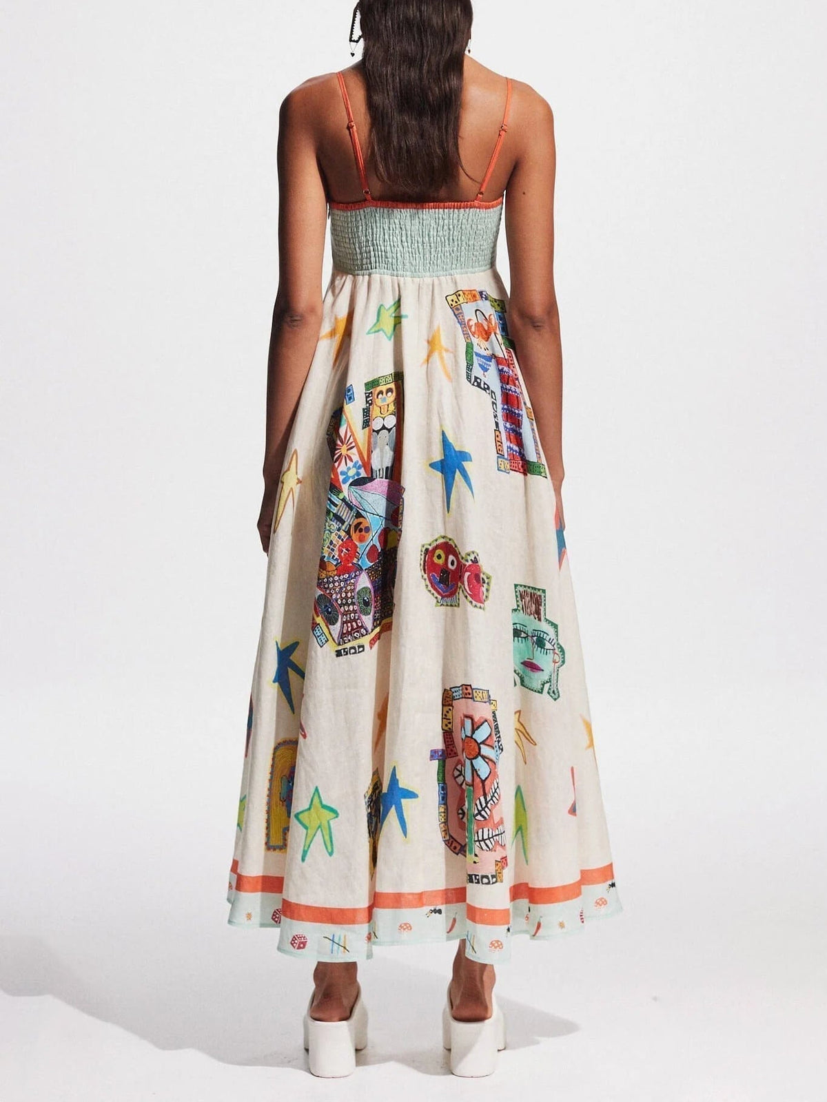 Spaghetti Strap Empire Waist Doodle Print Pocket A-Line Maxi Dress