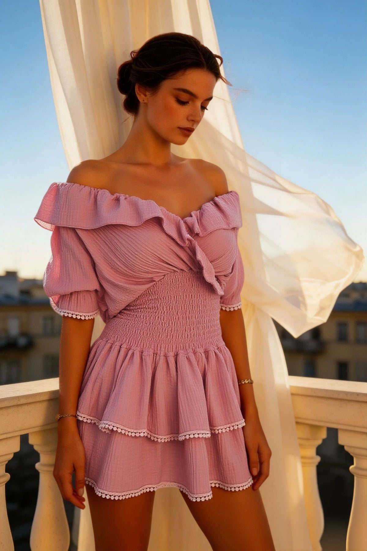 Off Shoulder Ruffle Neck Smocked Waist Lace Trim Tier Mini Dress