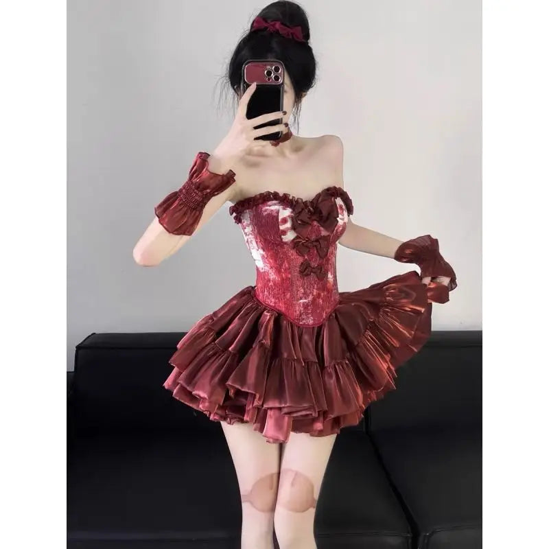 Sweet Hot Girl Halloween Suit Women's Autumn Strapless Top High Waist A-line Skirt Sleeve Cover Three-piece Set Female Clothes