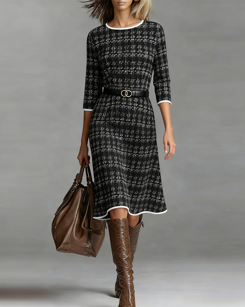 Round Neck Belted Grid Print A Line Midi Dress