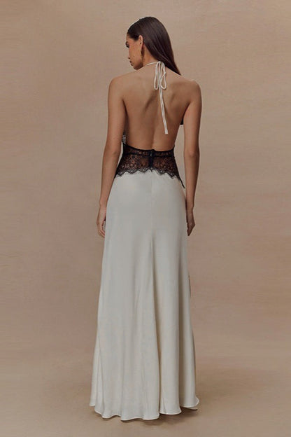 Halter Deep V-Neck Lace Panel Satin Maxi Gown