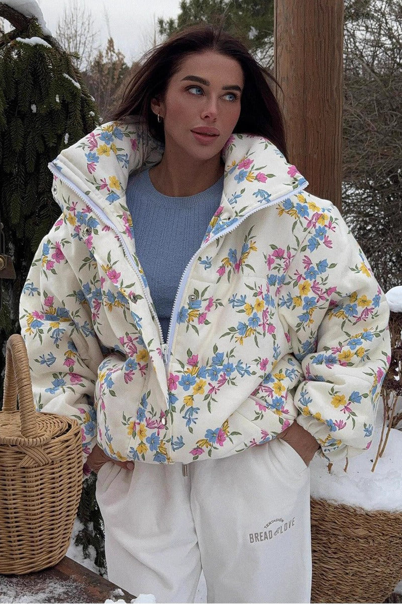 Printed Stand Collar Cotton Coat