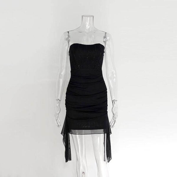 Strapless Sweetheart Rhinestone Corset Ruched Draped Panel Mini Dress