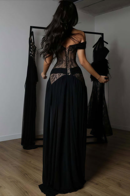 Sexy Lace Patchwork Cutout Sheer Slit Maxi Dress