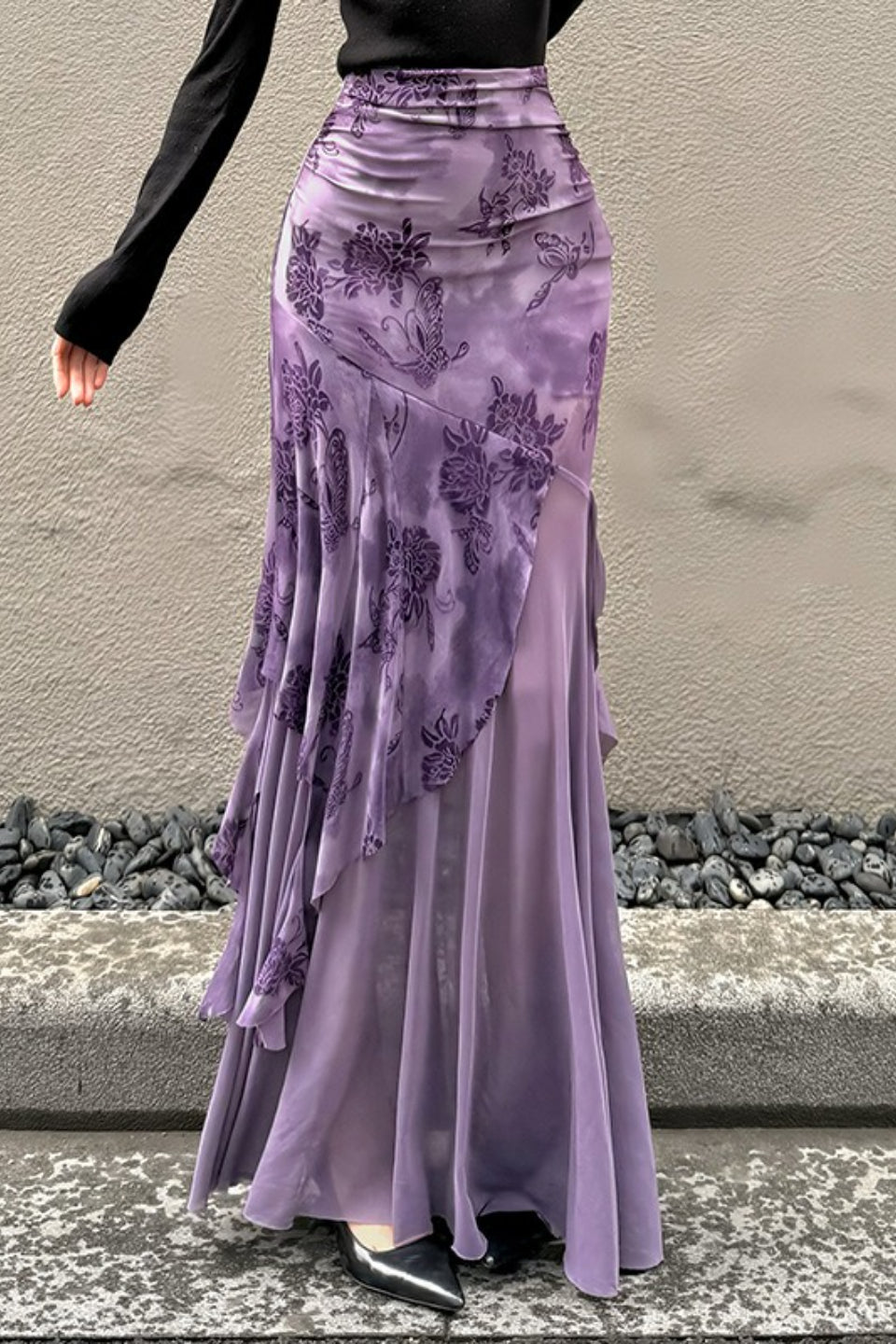 Vintage Floral Print Ruched Maxi Skirt