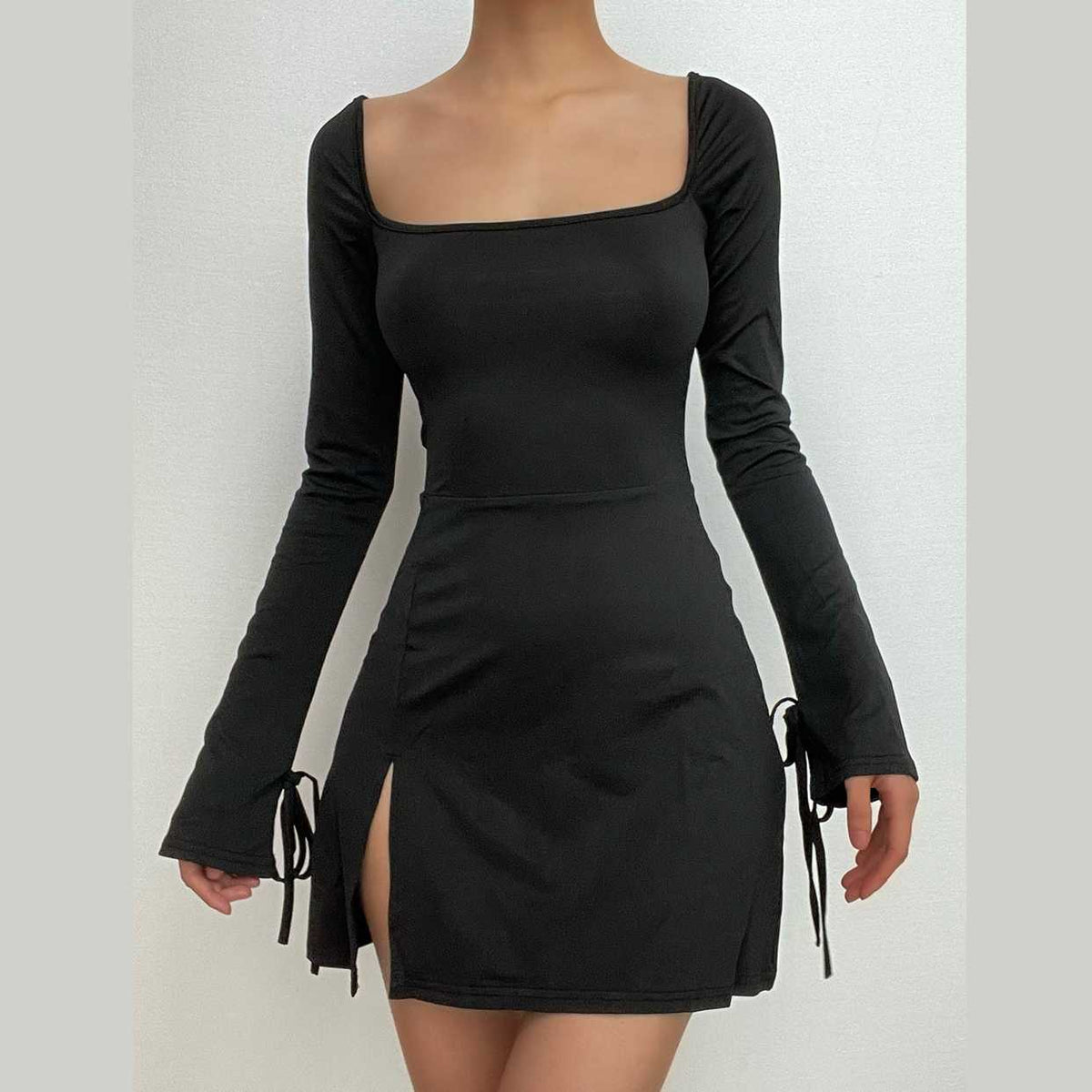 Square Neck Long Sleeve Tie Cuff Front Slit Bodycon Mini Dress