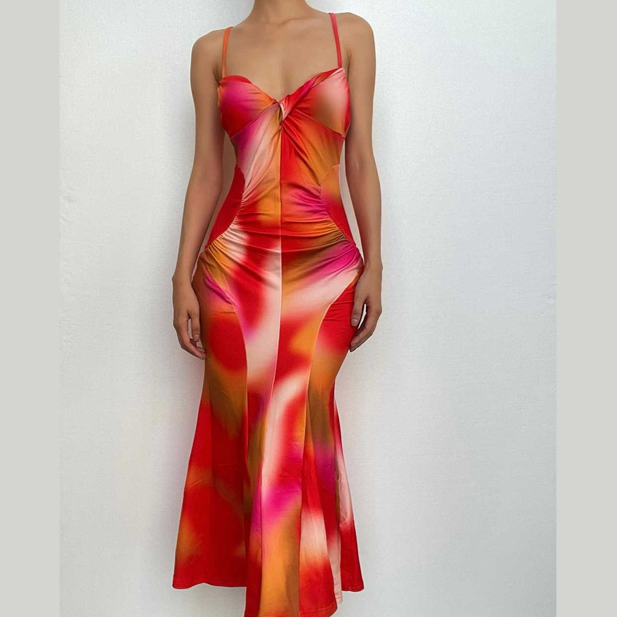 Spaghetti Strap Twist Neck Abstract Heat Map Print Mermaid Maxi Dress