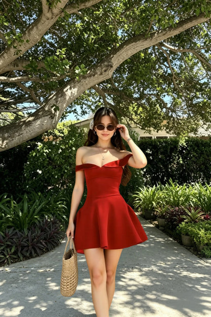 Off Shoulder Velvet Trim Corset Pleated Fit Flare Mini Dress