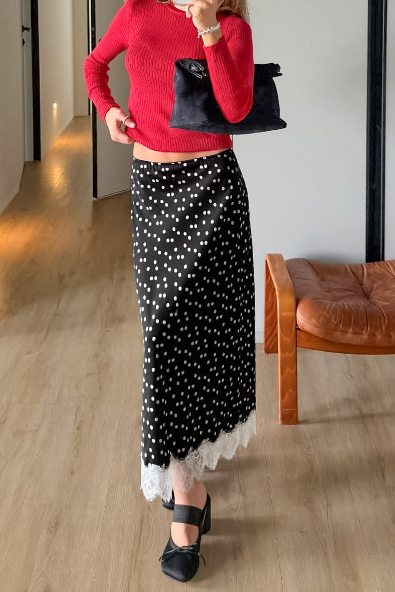 Polka-Dot Lace-Hem Maxi Skirt