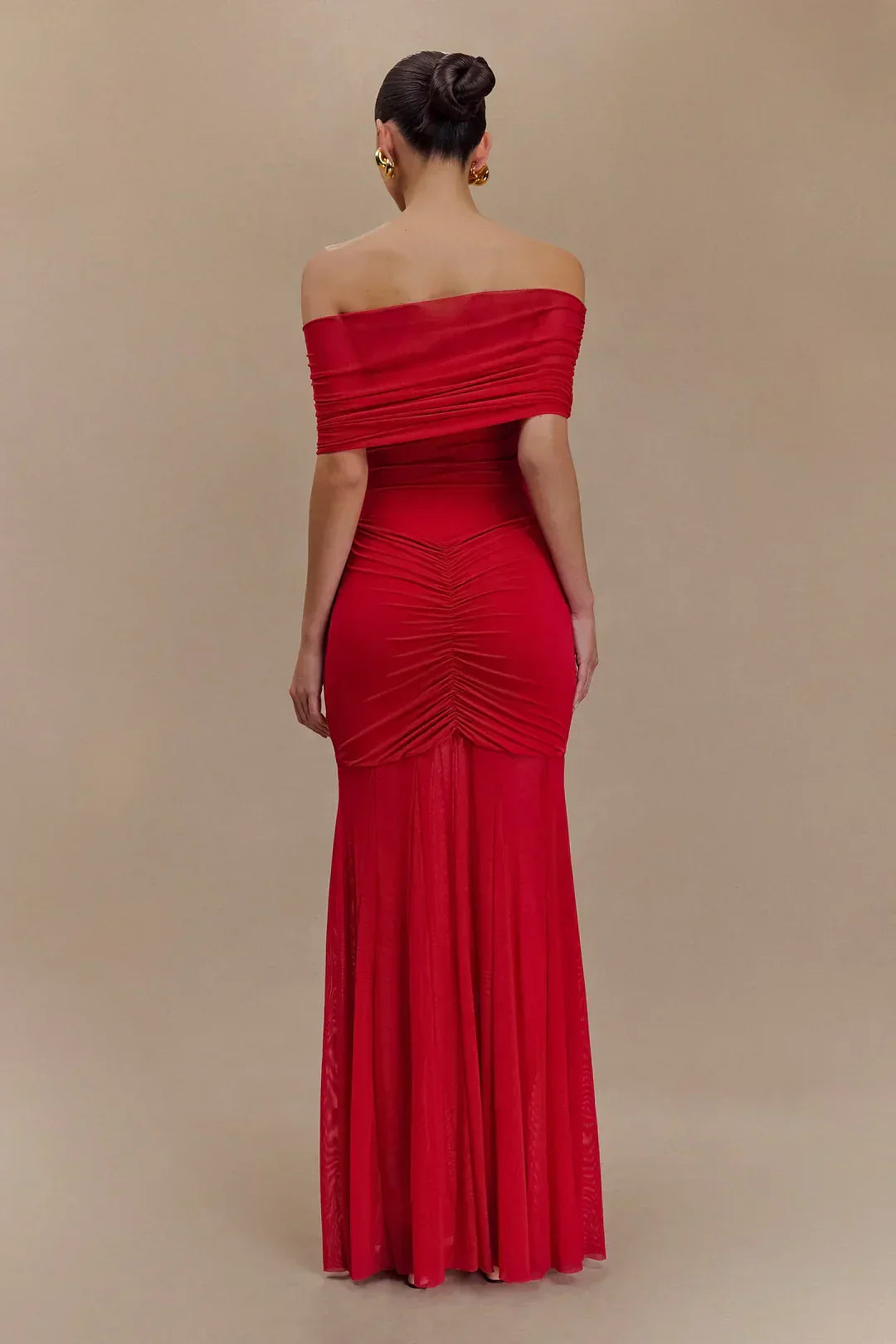Off Shoulder Pleated Column Maxi Gown