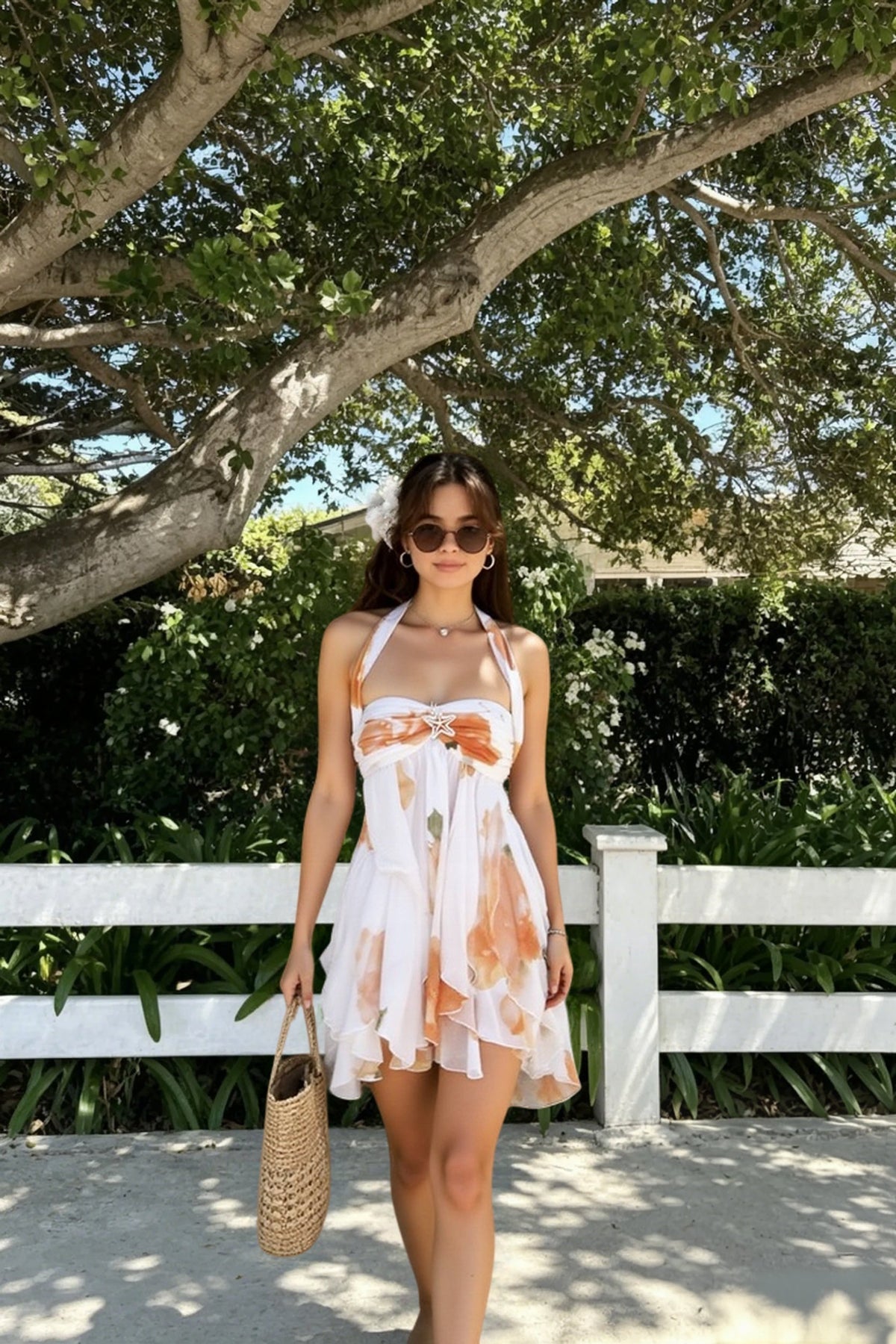 Halter Empire Waist Tiered Ruffle Floral Mini Dress