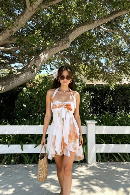 Halter Empire Waist Tiered Ruffle Floral Mini Dress
