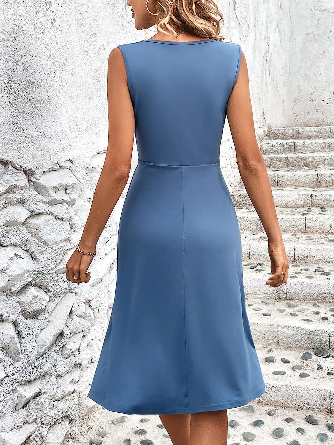 Deep V Surplice Wrap Cross Waist Ruched A Line Midi Sheath Dress