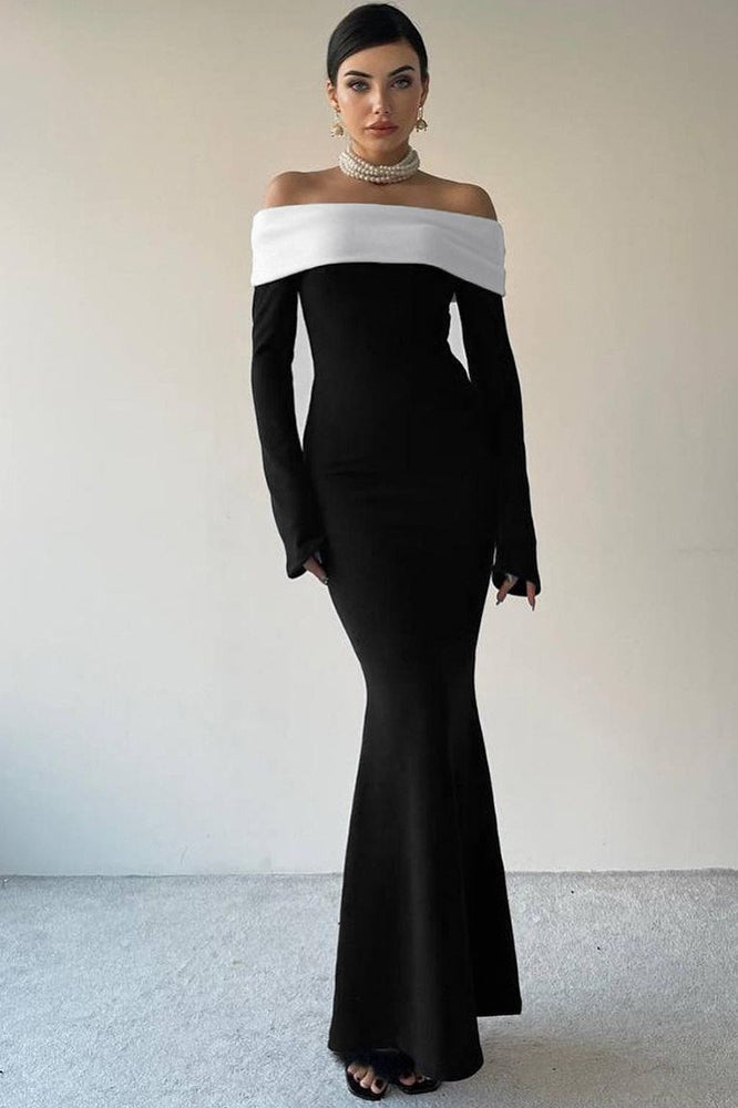 Colorblock Off Shoulder Bodycon Maxi Dress