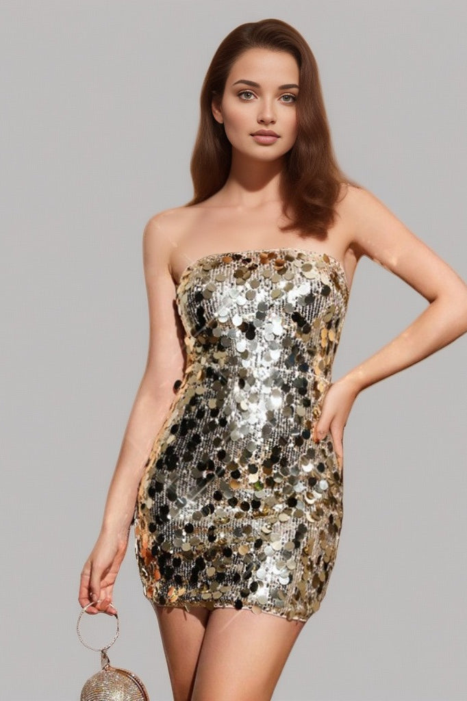 Solid Sequin Strapless High-Waist Bodycon Sequin Dress