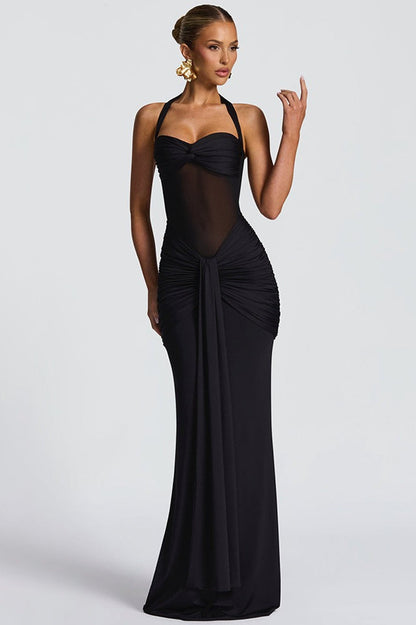 Mesh Paneled Fishtail Sash Bodycon Party Dress