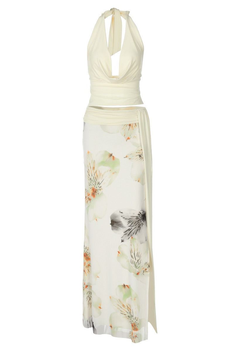 Halter Floral Mesh Slit Maxi Skirt Set