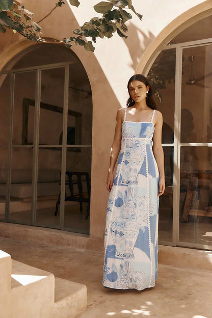 Spaghetti Strap Mesh Overlay Column Maxi Gown