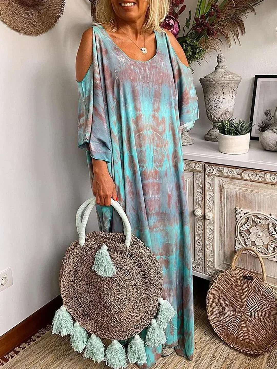V Neck Cold Shoulder Abstract Marbled Print Oversized Maxi Dress