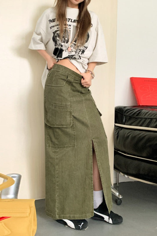 American Utility Denim Slit Midi Skirt