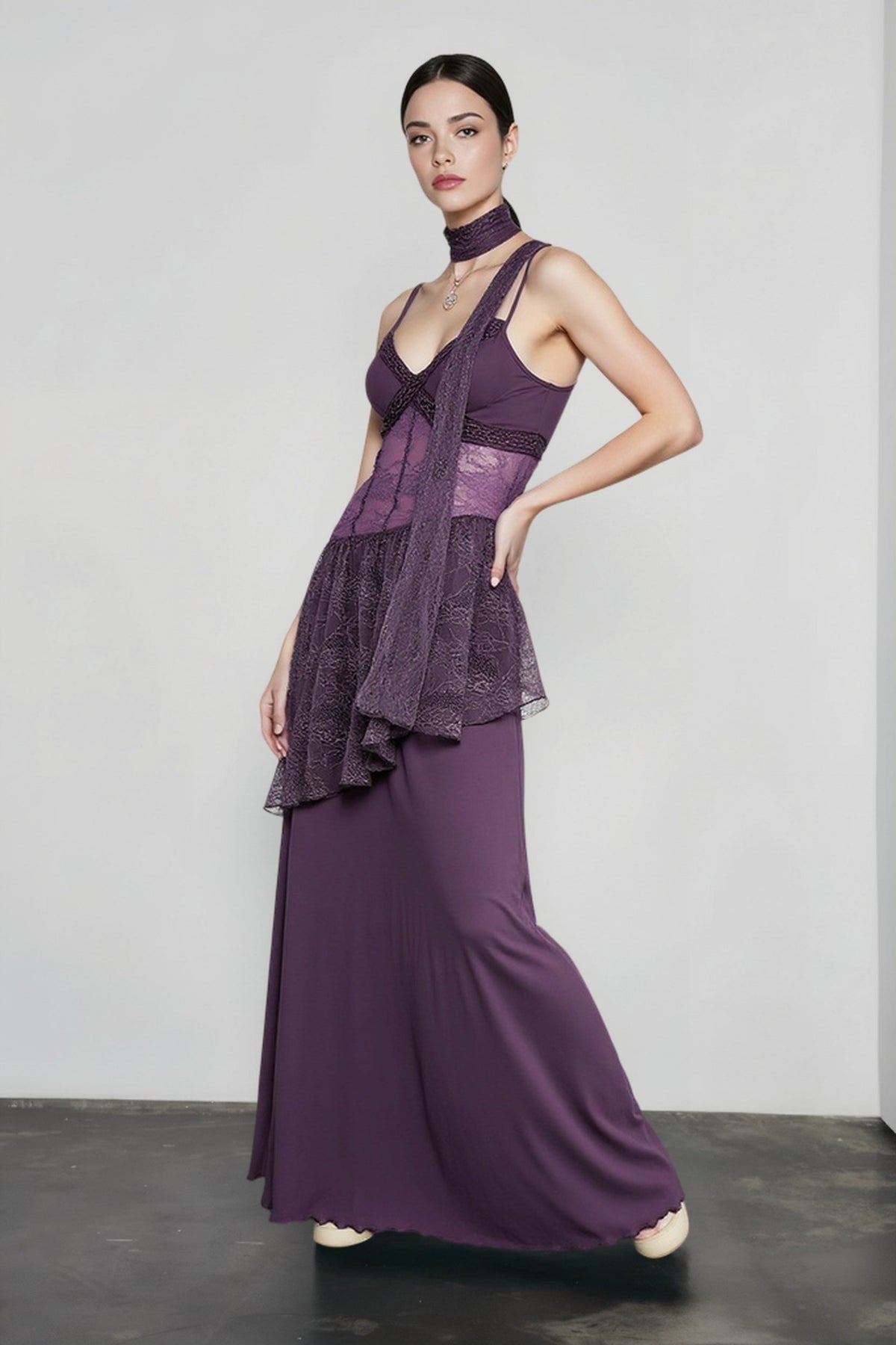 Lace Waist Sheer Overlay Tiered Scarf Neck Maxi Dress