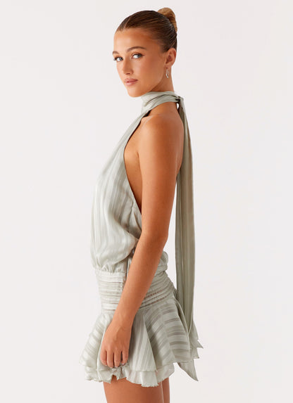 Halter Mock Neck Stripe Ruched Waist Ruffle Hem Mini Dress