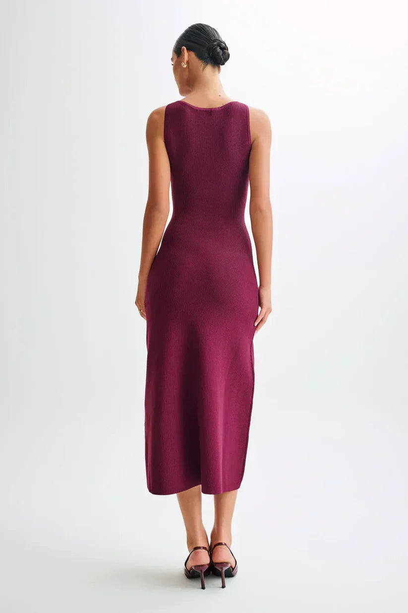 Rib Knit Crew Neck Sleeveless Metal Button Flap Pocket Maxi Dress